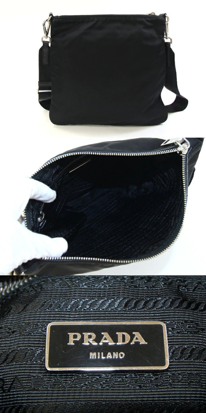 Prada Bag Shoulder Gusset Handbag Black Flat Crossbody Leather Black